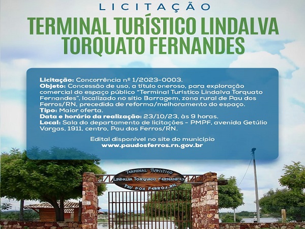 Prefeitura lança edital de licitação do Terminal Turístico Lindalva Torquato Fernandes localizado na Barragem